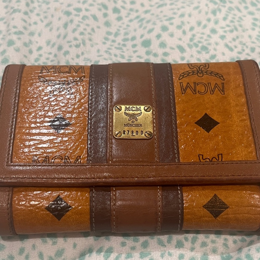 MCM monogram Cognac and Caramel Bifold Wallet w/ diamonds EUC